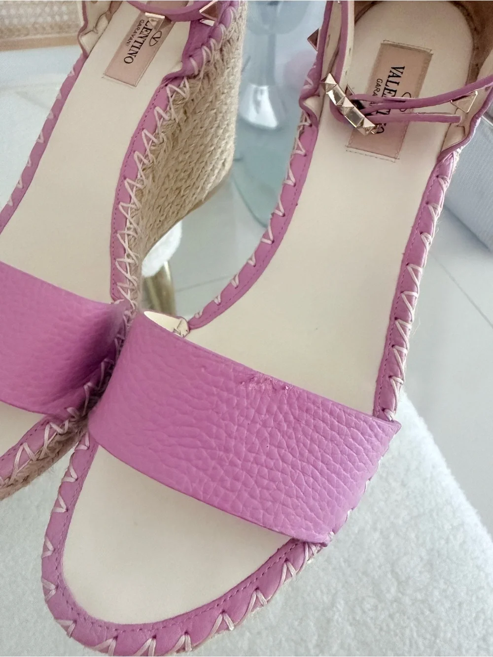 Valentino Garavani Women’s Pink Espadrille Wedge Sandals with Ankle Strap